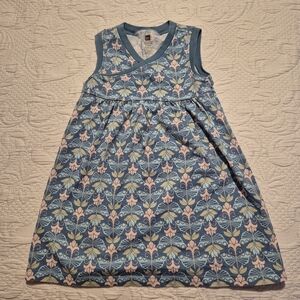 Tea Collection girls size 4 sleeveless dress blue, pink green flower design VGUC